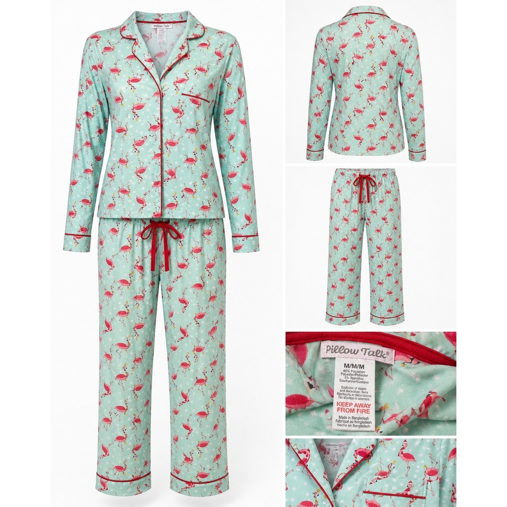 Flamingo Pajama Set Women M Mint Green Pink Tropical Lounge Vacation Sleepwear